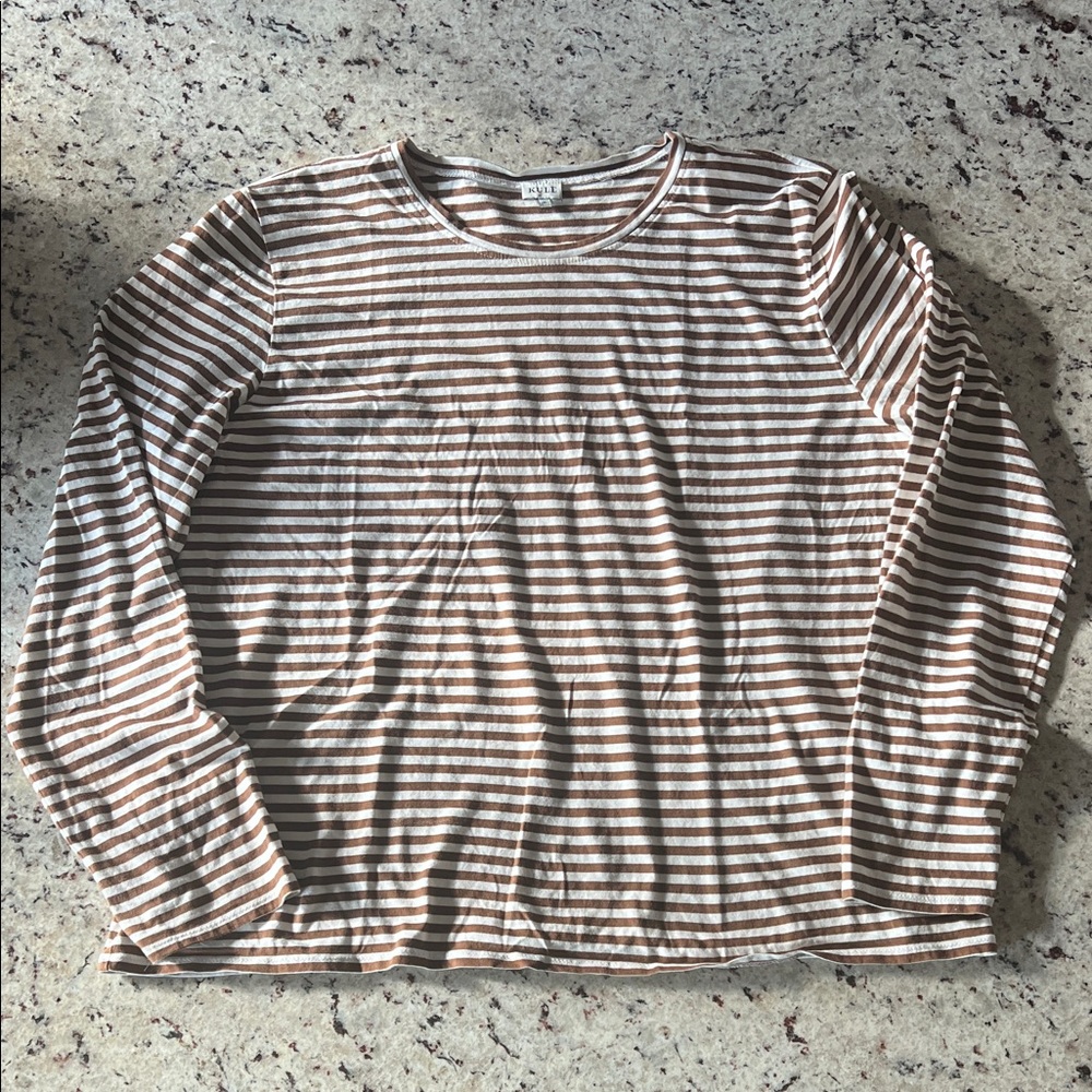 KULE Crew Neck Chocolate and Cream Striped Long Sleeve Top
